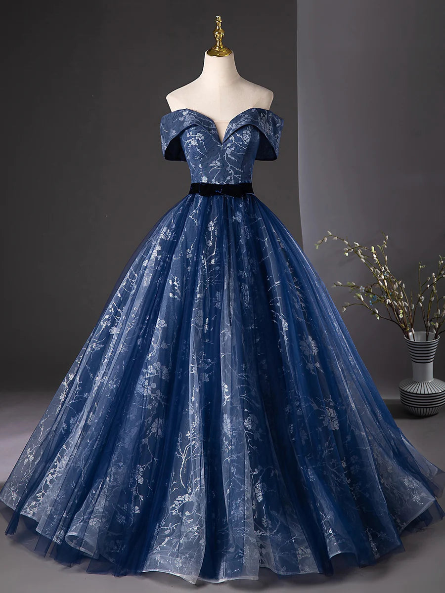 A-Line Navy Blue Glitter Printing Sweetheart Neck Off the Shoulder Prom Dress Evening Party Dress