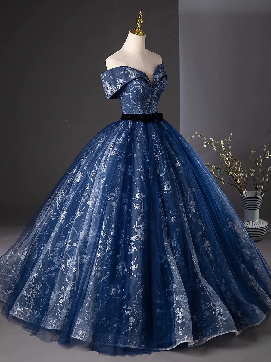 A-Line Navy Blue Glitter Printing Sweetheart Neck Off the Shoulder Prom Dress Evening Party Dress
