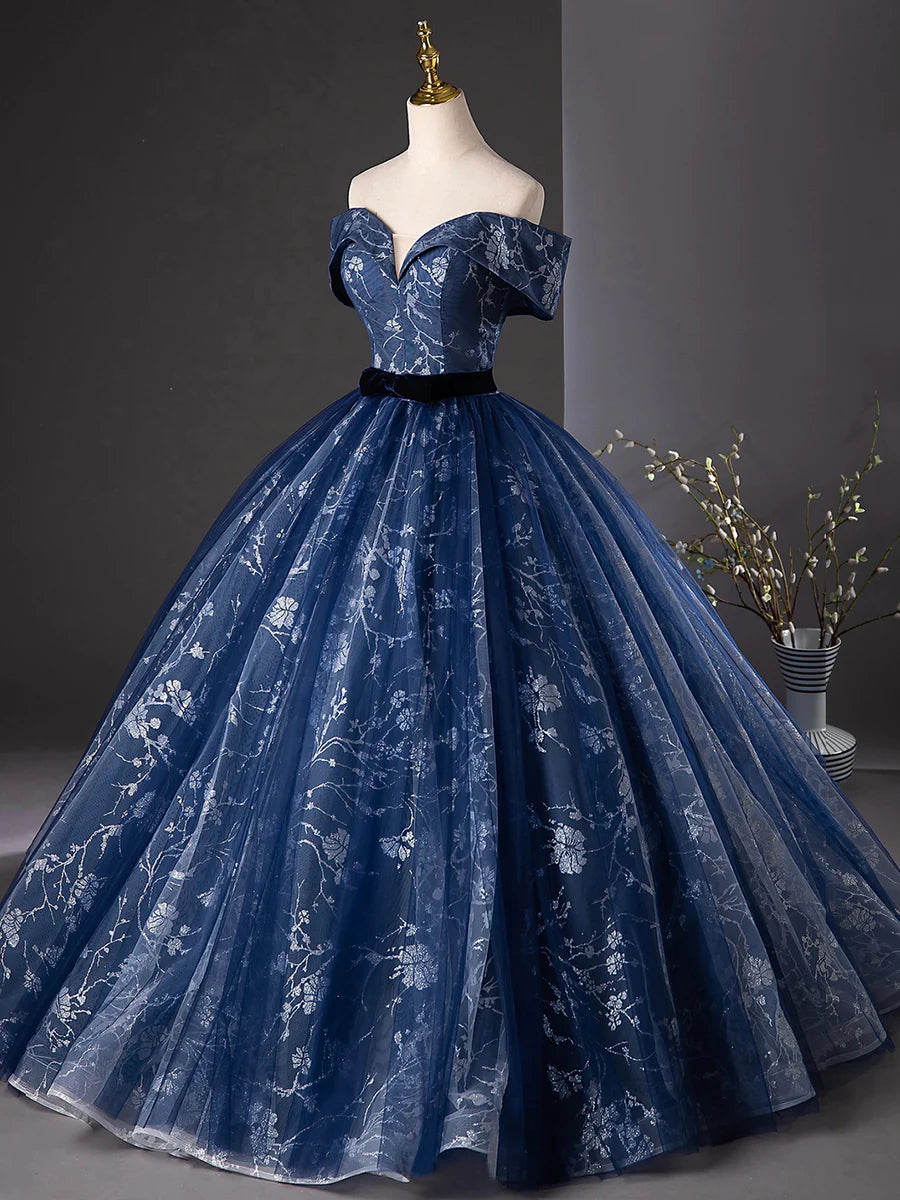 A-Line Navy Blue Glitter Printing Sweetheart Neck Off the Shoulder Prom Dress Evening Party Dress