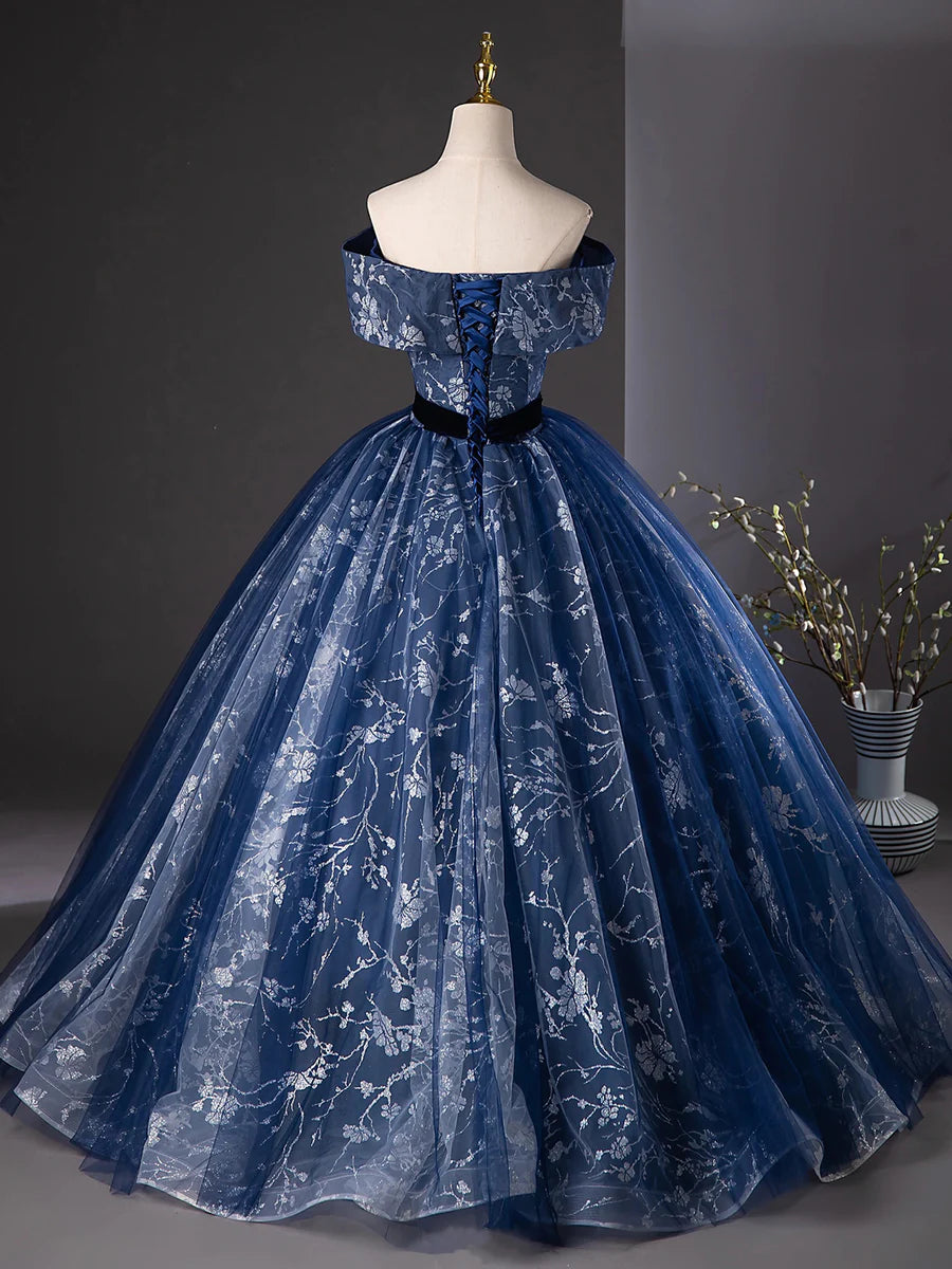 A-Line Navy Blue Glitter Printing Sweetheart Neck Off the Shoulder Prom Dress Evening Party Dress