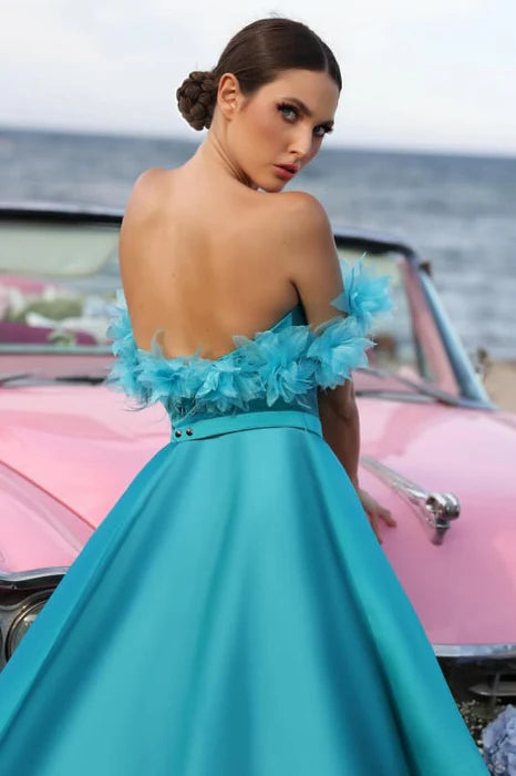 A-Line Ocean Blue Satin Sweetheart Off-the -Shoulder High Split Ruched Floor Length Prom Dress