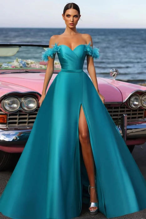 A-Line Ocean Blue Satin Sweetheart Off-the -Shoulder High Split Ruched Floor Length Prom Dress