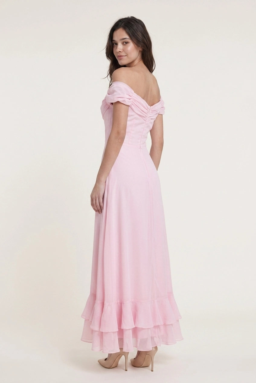 A-Line Off-Shoulder Ruched Chiffon Pink Long Prom Dress With Tiered Ruffled Hem