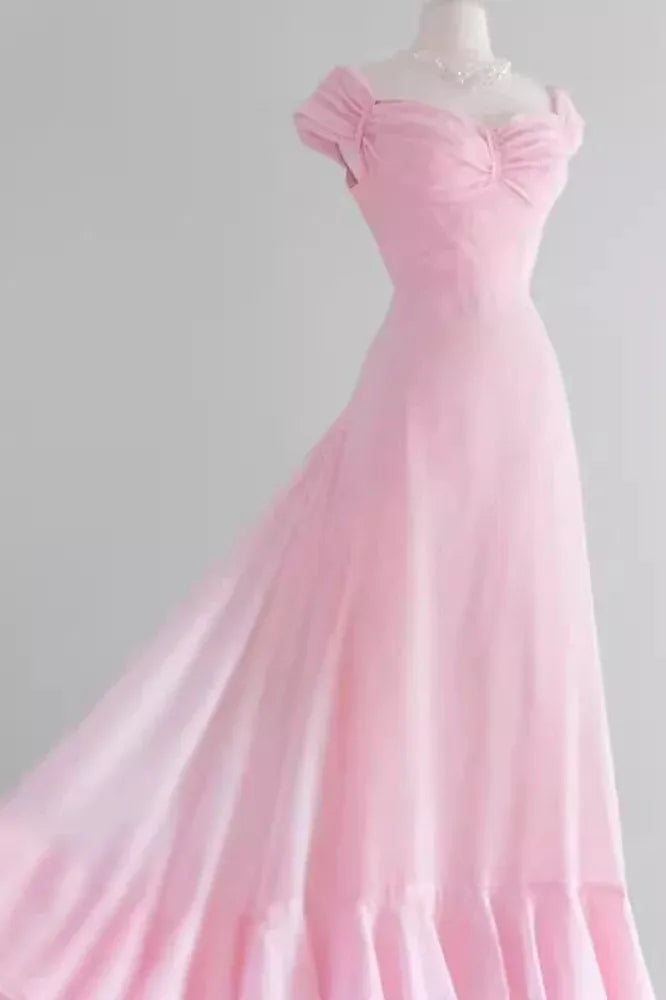 A-Line Off-Shoulder Ruched Chiffon Pink Long Prom Dress With Tiered Ruffled Hem