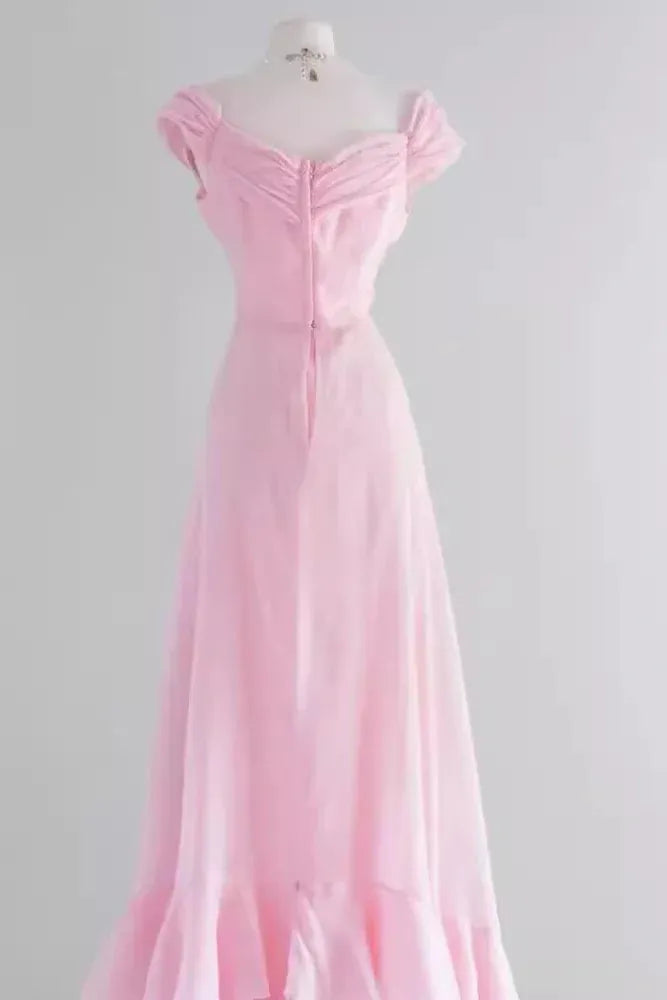 A-Line Off-Shoulder Ruched Chiffon Pink Long Prom Dress With Tiered Ruffled Hem