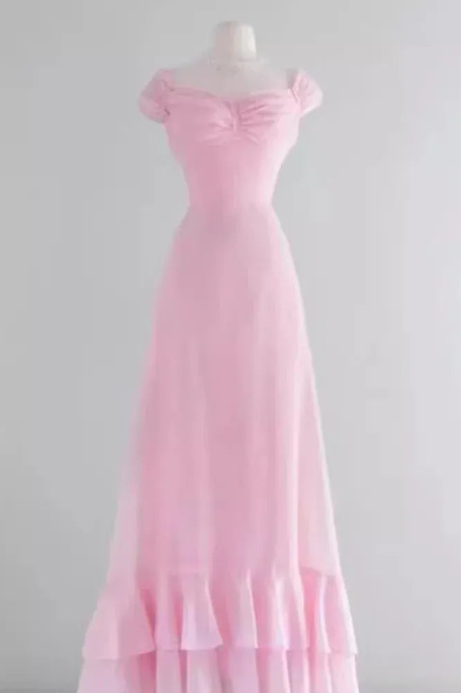 A-Line Off-Shoulder Ruched Chiffon Pink Long Prom Dress With Tiered Ruffled Hem