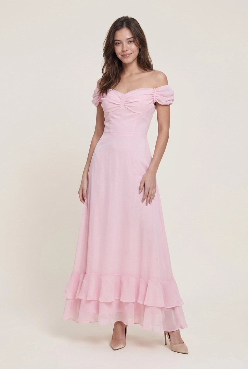 A-Line Off-Shoulder Ruched Chiffon Pink Long Prom Dress With Tiered Ruffled Hem