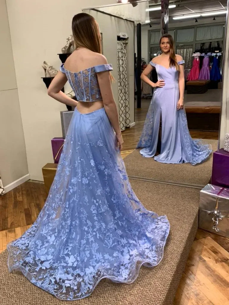 A-Line Off-Shoulder Floral Lace Cutout Satin Lilac Long Prom Dress With Slit