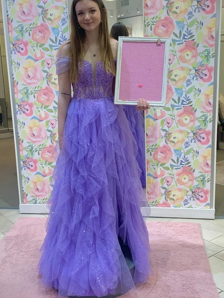 A-Line Off-Shoulder Lace Applique Ruffle Glitter Tulle Lavender Long Prom Dress