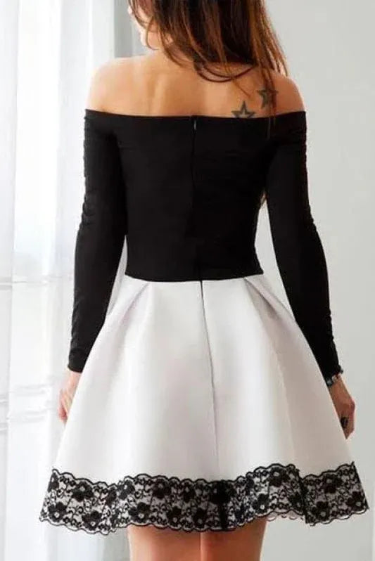 A-Line Off-Shoulder Long Sleeves Black White Short Homecoming Dress With Appliques