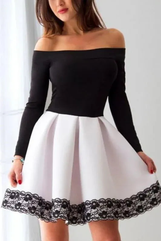 A-Line Off-Shoulder Long Sleeves Black White Short Homecoming Dress With Appliques