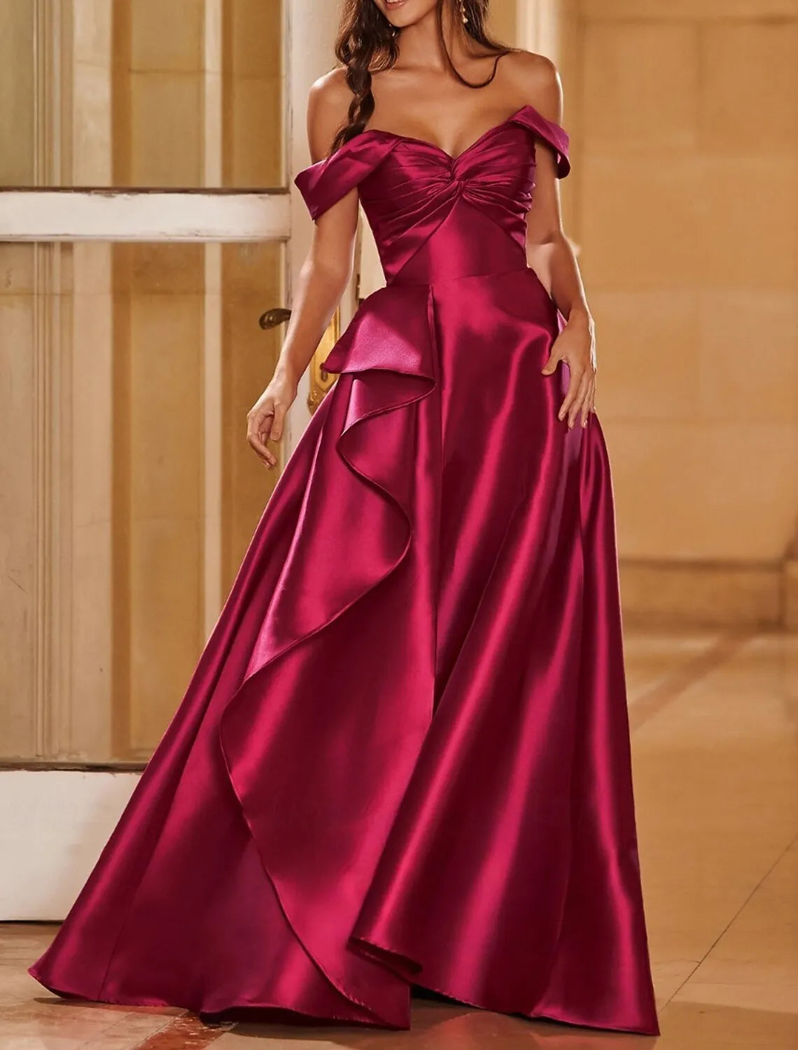 A-Line Off-Shoulder Ruffle Slit Satin Magenta Maxi Prom Dress With Court Train