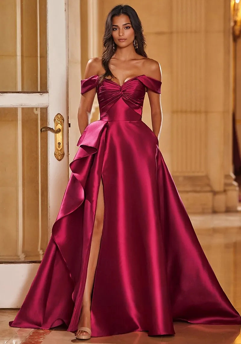 A-Line Off-Shoulder Ruffle Slit Satin Magenta Maxi Prom Dress With Court Train