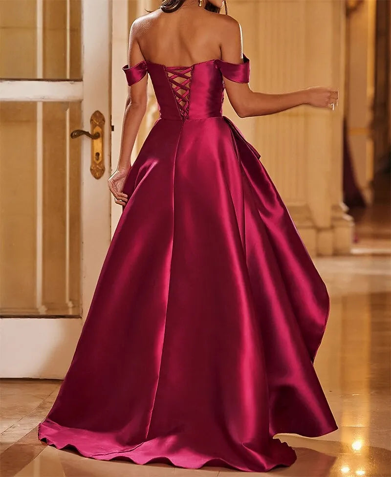 A-Line Off-Shoulder Ruffle Slit Satin Magenta Maxi Prom Dress With Court Train