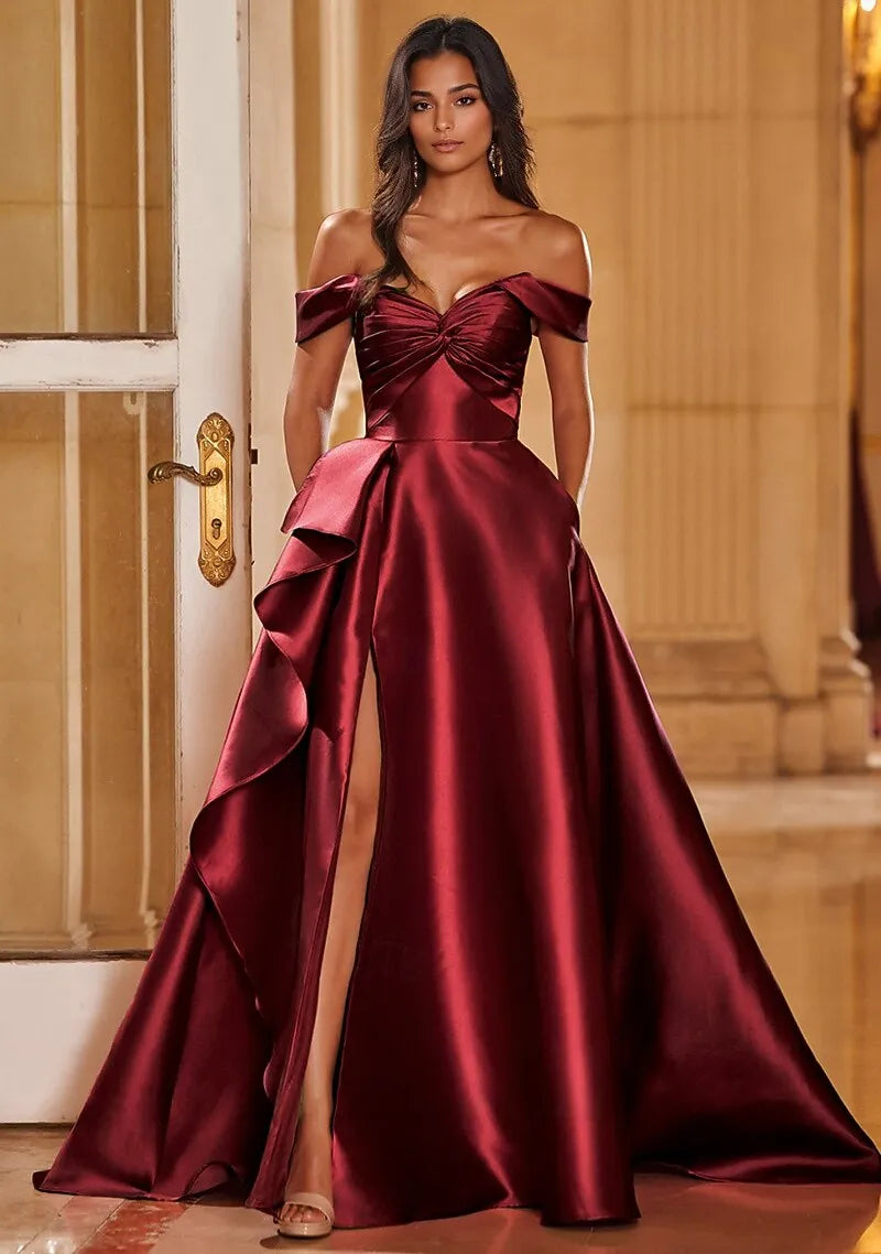 A-Line Off-Shoulder Ruffle Slit Satin Magenta Maxi Prom Dress With Court Train