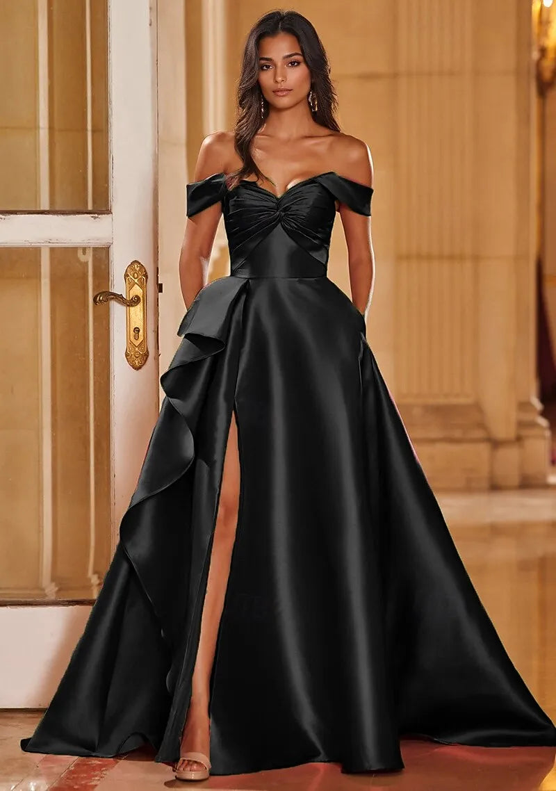 A-Line Off-Shoulder Ruffle Slit Satin Magenta Maxi Prom Dress With Court Train