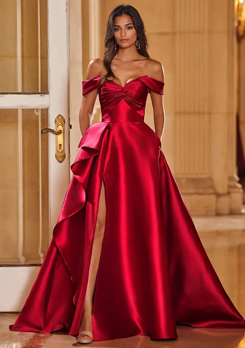 A-Line Off-Shoulder Ruffle Slit Satin Magenta Maxi Prom Dress With Court Train