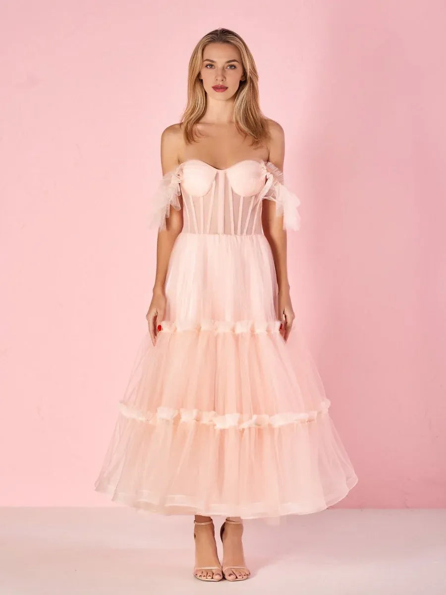 A-Line Off-the-Shoulder Corset Tulle Sky Blue Ankle Length Prom Dress