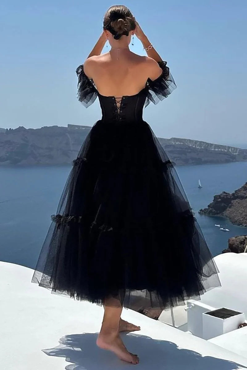 A-Line Off-the-Shoulder Corset Tulle Sky Blue Ankle Length Prom Dress