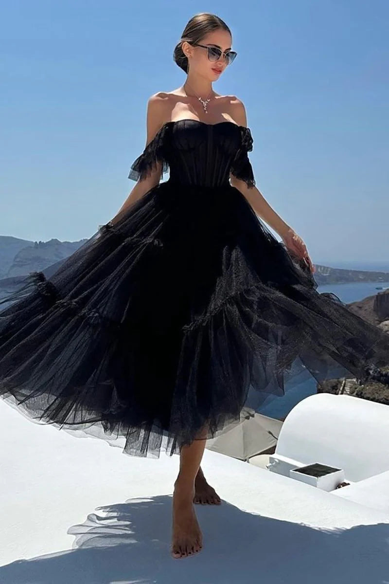 A-Line Off-the-Shoulder Corset Tulle Sky Blue Ankle Length Prom Dress