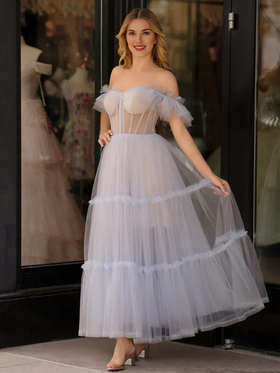 A-Line Off-the-Shoulder Corset Tulle Sky Blue Ankle Length Prom Dress
