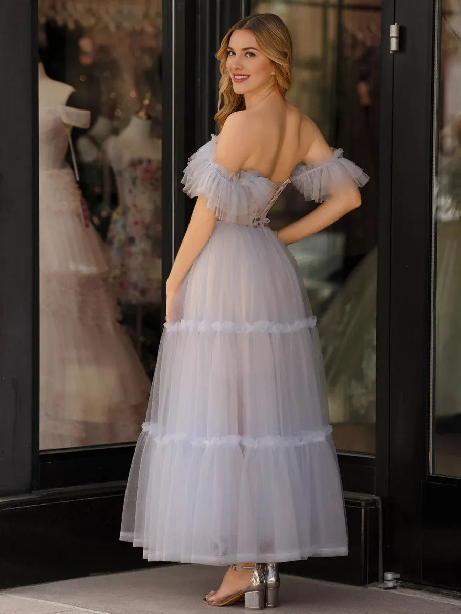 A-Line Off-the-Shoulder Corset Tulle Sky Blue Ankle Length Prom Dress