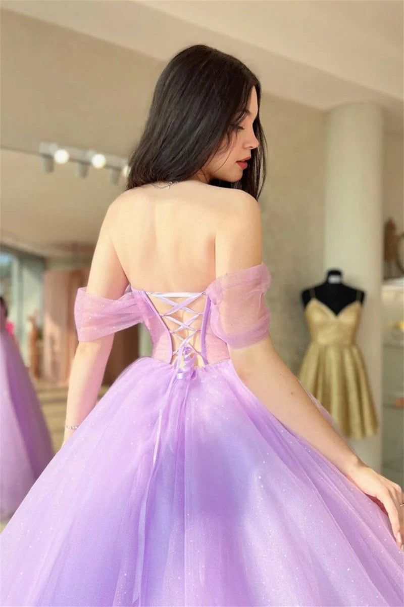 A-Line Off-the-Shoulder Lace-Up Glitter Tulle Lilac Long Prom Dress