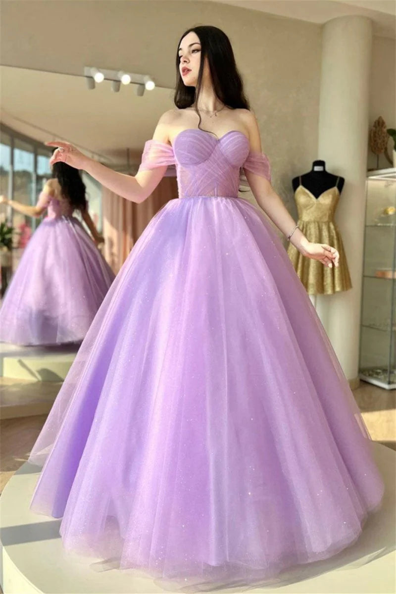 A-Line Off-the-Shoulder Lace-Up Glitter Tulle Lilac Long Prom Dress