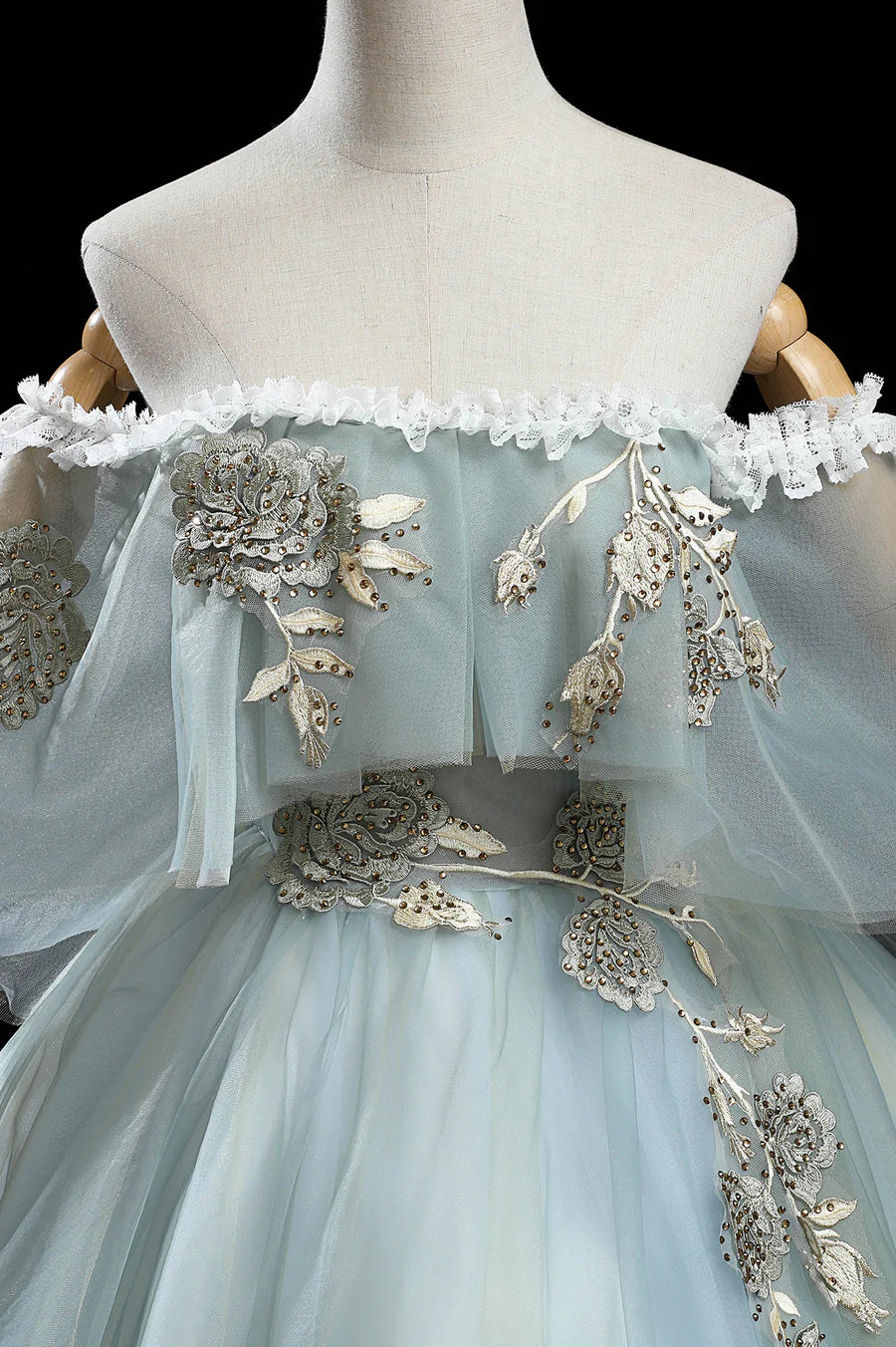 A-Line Off-the-Shoulder Ruffle Tulle Lace Green Long Prom Dresses With Applique