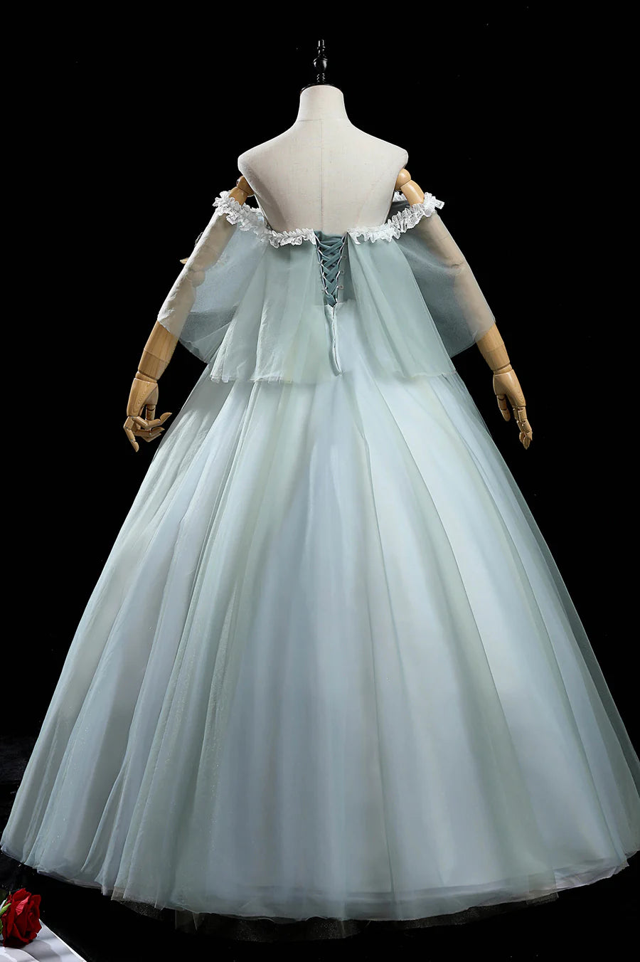 A-Line Off-the-Shoulder Ruffle Tulle Lace Green Long Prom Dresses With Applique