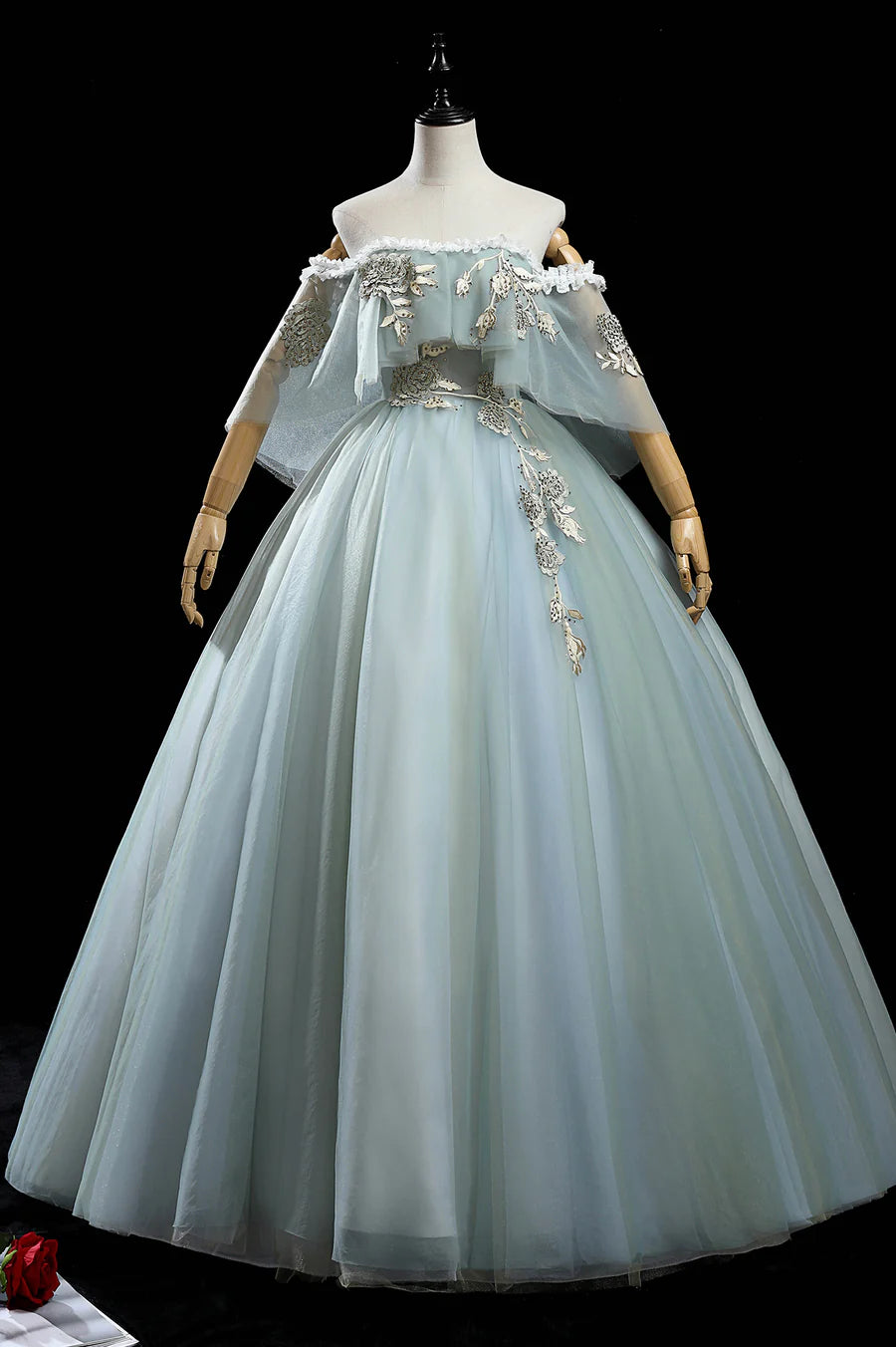 A-Line Off-the-Shoulder Ruffle Tulle Lace Green Long Prom Dresses With Applique