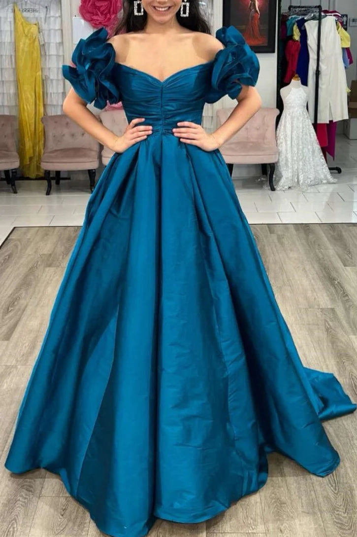 A-Line Off-the-Shoulder Ruffled Sleeve Satin Royal Blue Long Prom Dress