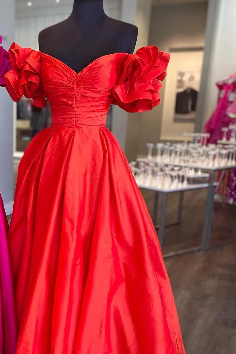 A-Line Off-the-Shoulder Ruffled Sleeve Satin Royal Blue Long Prom Dress
