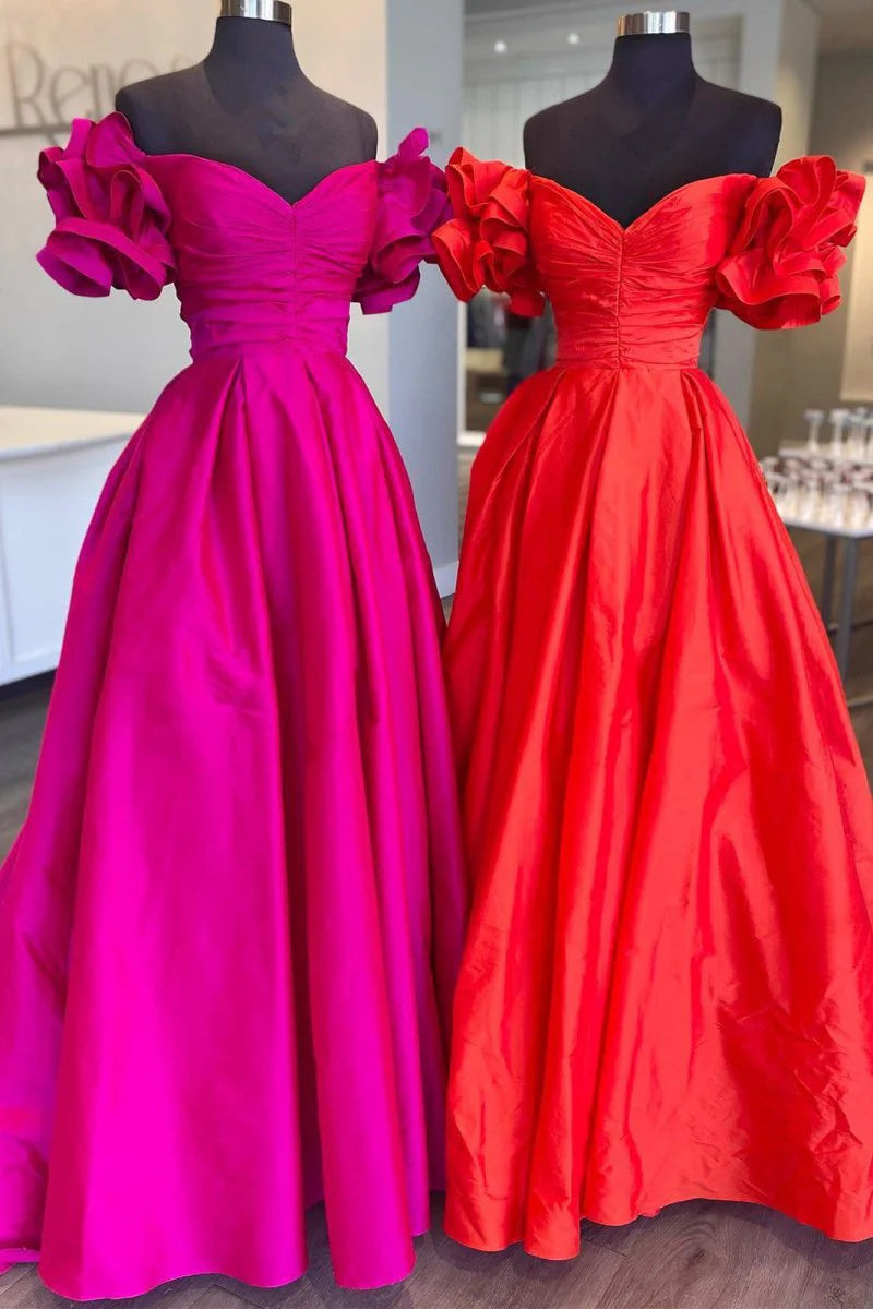 A-Line Off-the-Shoulder Ruffled Sleeve Satin Royal Blue Long Prom Dress