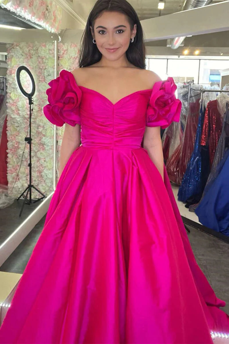 A-Line Off-the-Shoulder Ruffled Sleeve Satin Royal Blue Long Prom Dress