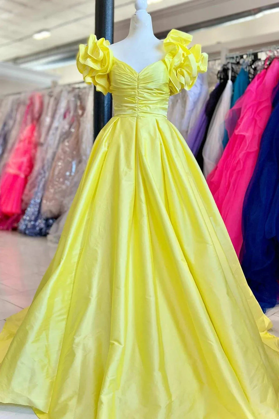 A-Line Off-the-Shoulder Ruffled Sleeve Satin Royal Blue Long Prom Dress