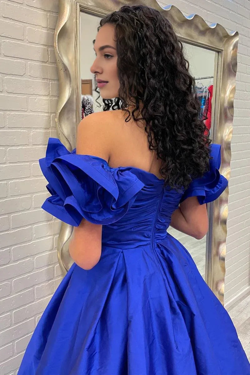 A-Line Off-the-Shoulder Ruffled Sleeve Satin Royal Blue Long Prom Dress