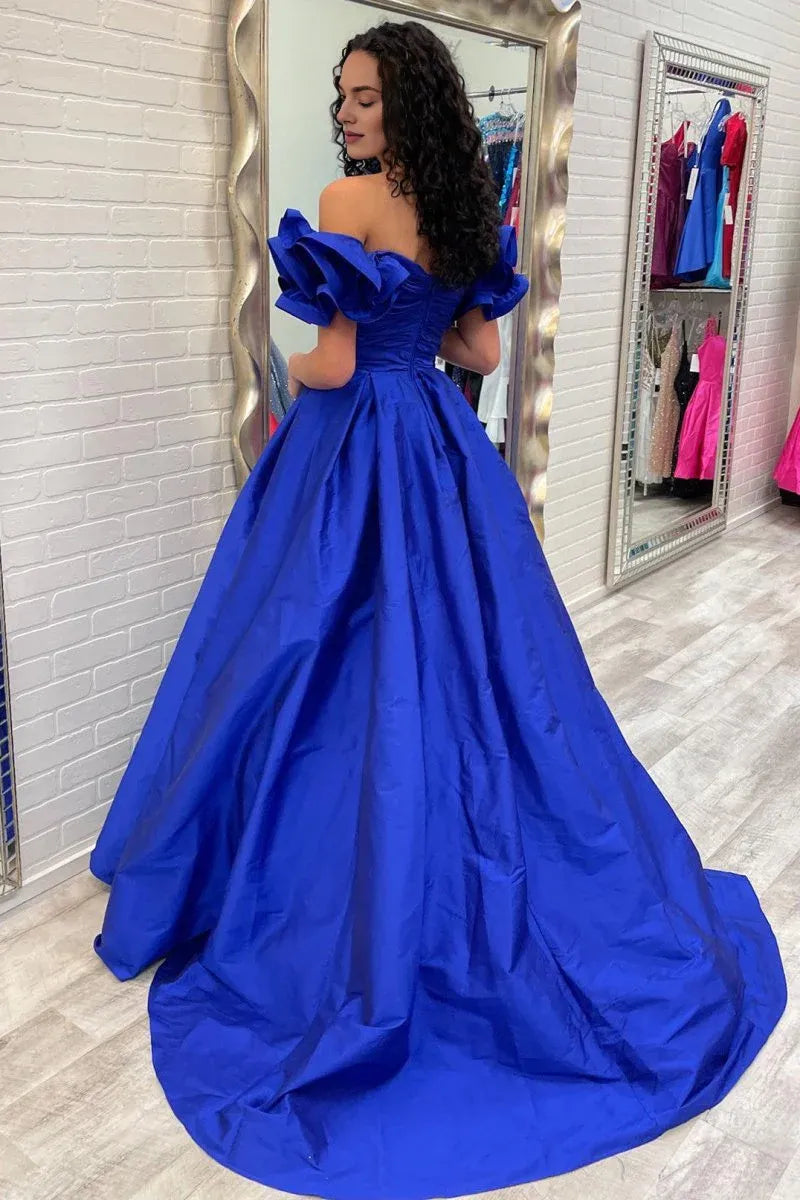 A-Line Off-the-Shoulder Ruffled Sleeve Satin Royal Blue Long Prom Dress