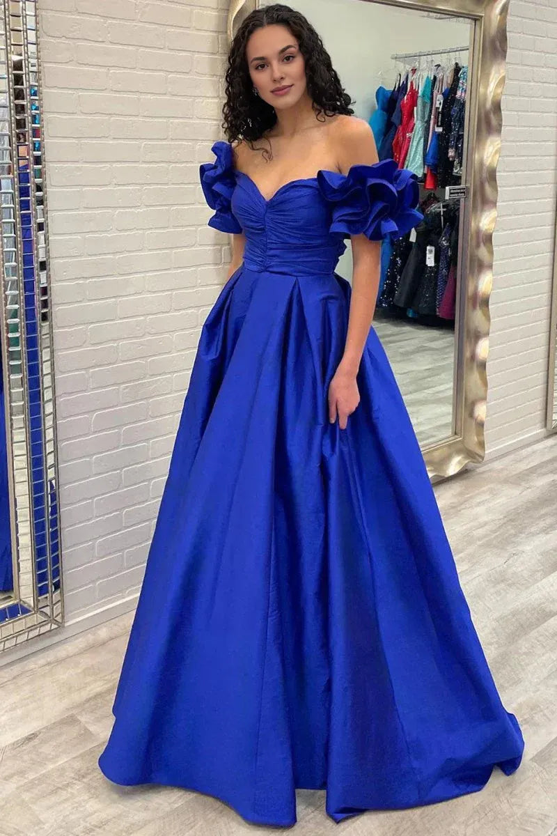 A-Line Off-the-Shoulder Ruffled Sleeve Satin Royal Blue Long Prom Dress