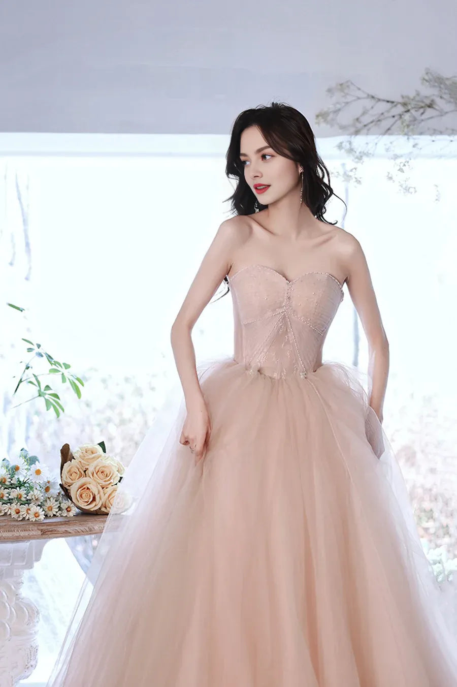 A-Line Off Shoulder Beaded Tulle Lace Pink Long Formal Dresses Evening Dresses