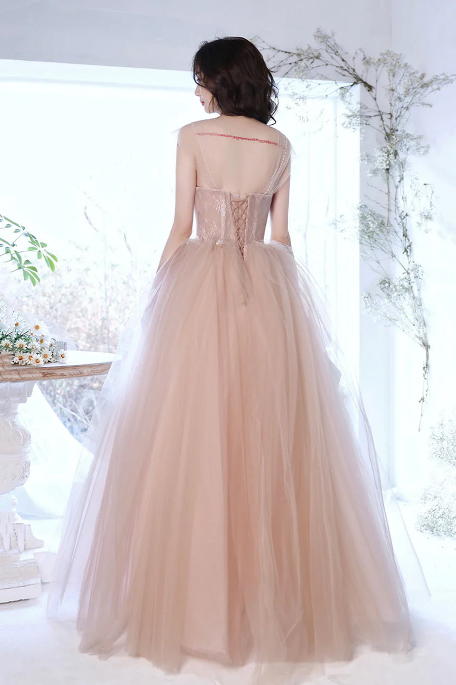 A-Line Off Shoulder Beaded Tulle Lace Pink Long Formal Dresses Evening Dresses