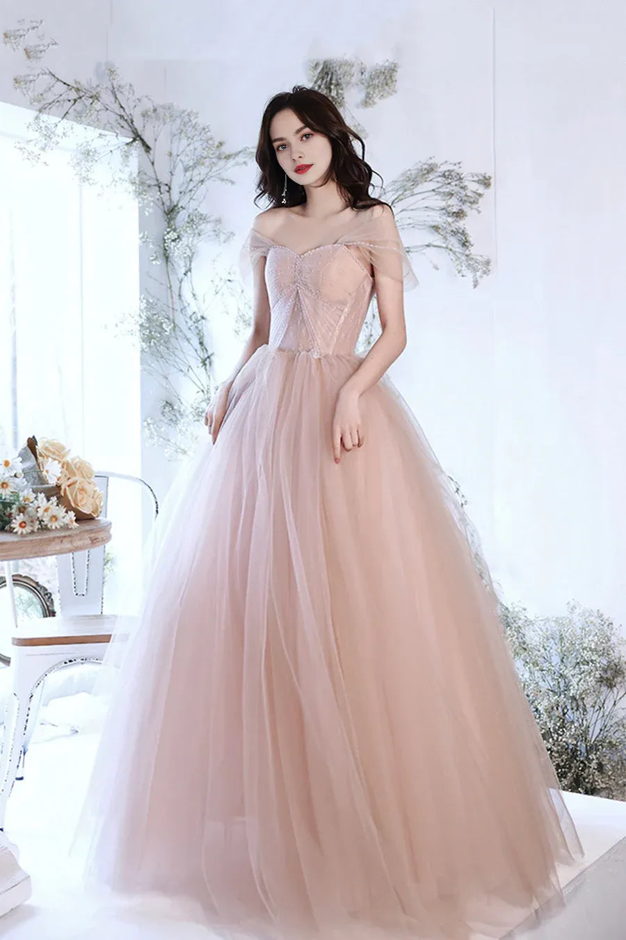 A-Line Off Shoulder Beaded Tulle Lace Pink Long Formal Dresses Evening Dresses
