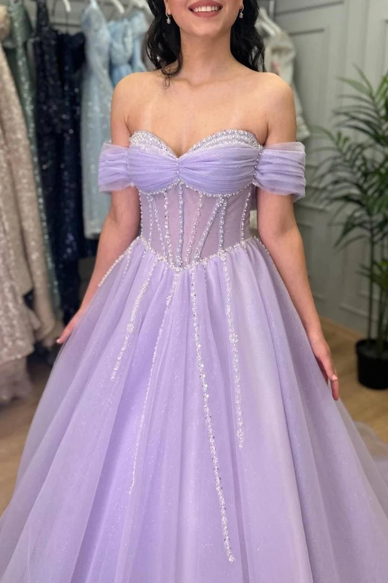 A-Line Off Shoulder Beaded Tulle Lavender Floor-Length Evening Dress