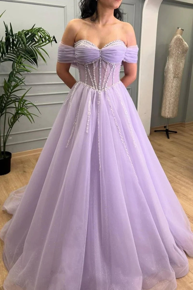 A-Line Off Shoulder Beaded Tulle Lavender Floor-Length Evening Dress