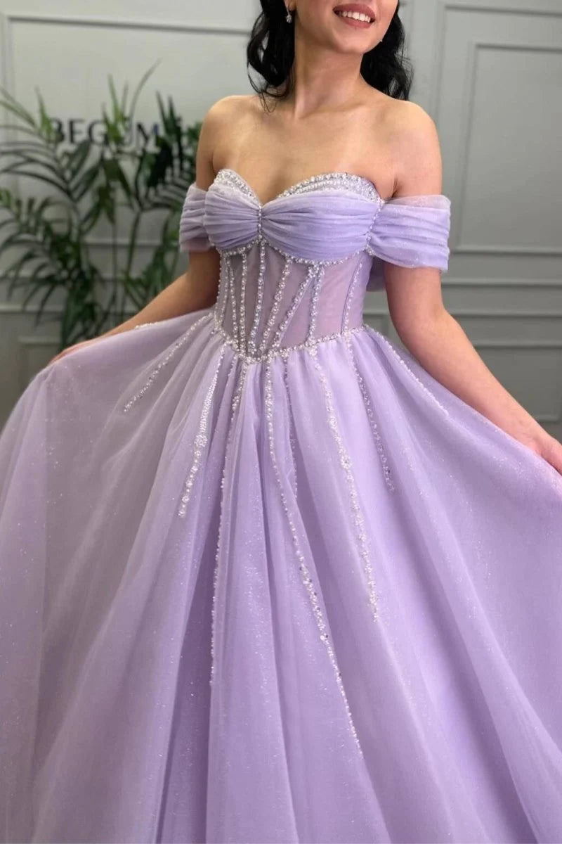 A-Line Off Shoulder Beaded Tulle Lavender Floor-Length Evening Dress