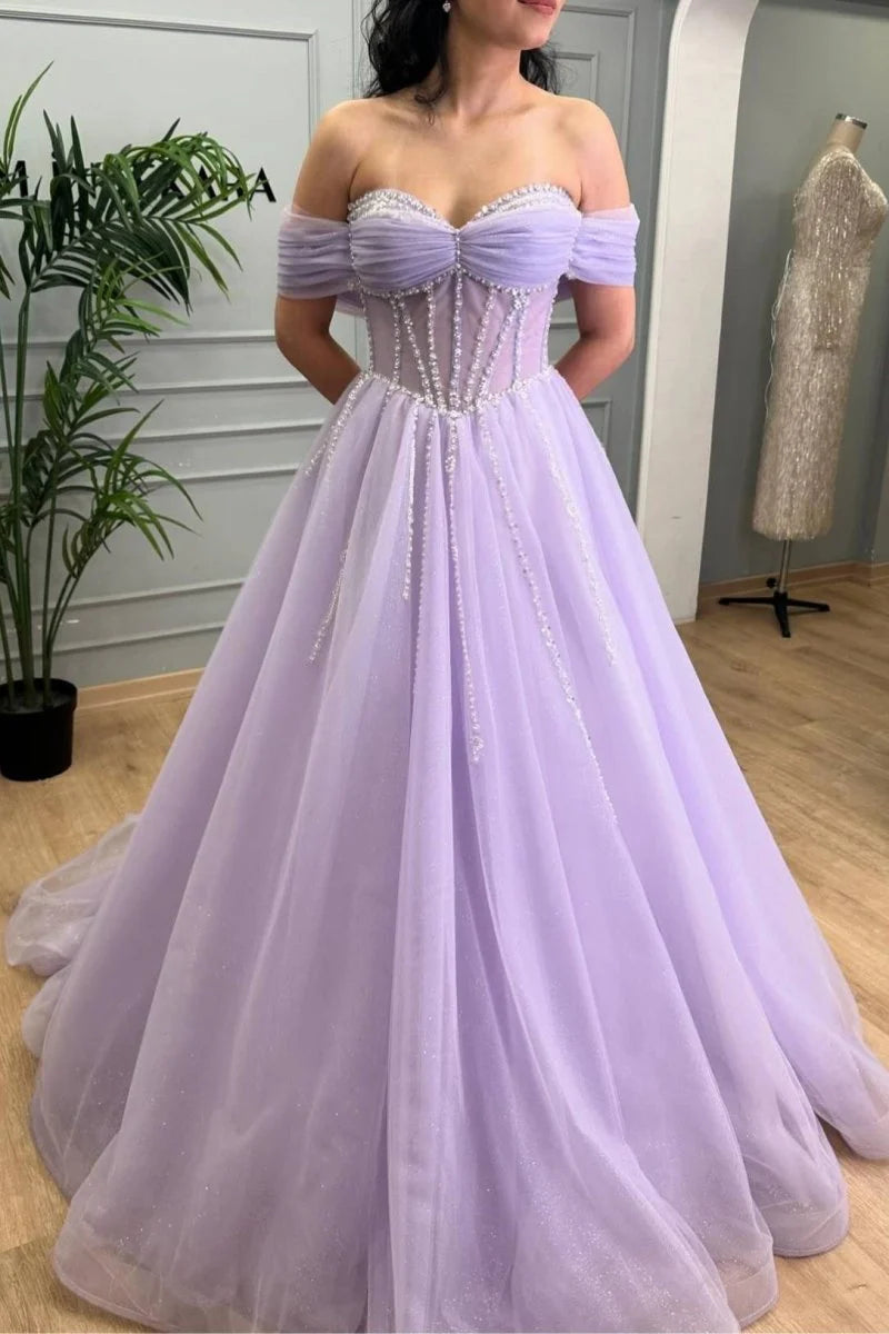 A-Line Off Shoulder Beaded Tulle Lavender Floor-Length Evening Dress
