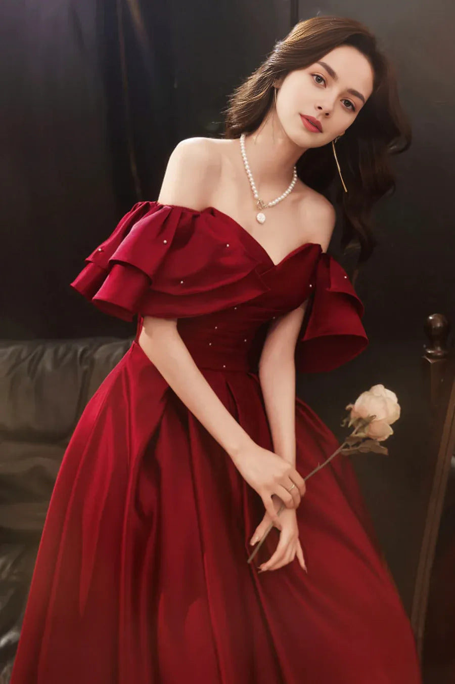 A-Line Off Shoulder Cap Sleeves Beaded Pleated Satin Burgundy Long Prom Dress