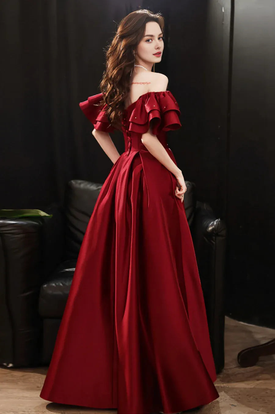 A-Line Off Shoulder Cap Sleeves Beaded Pleated Satin Burgundy Long Prom Dress