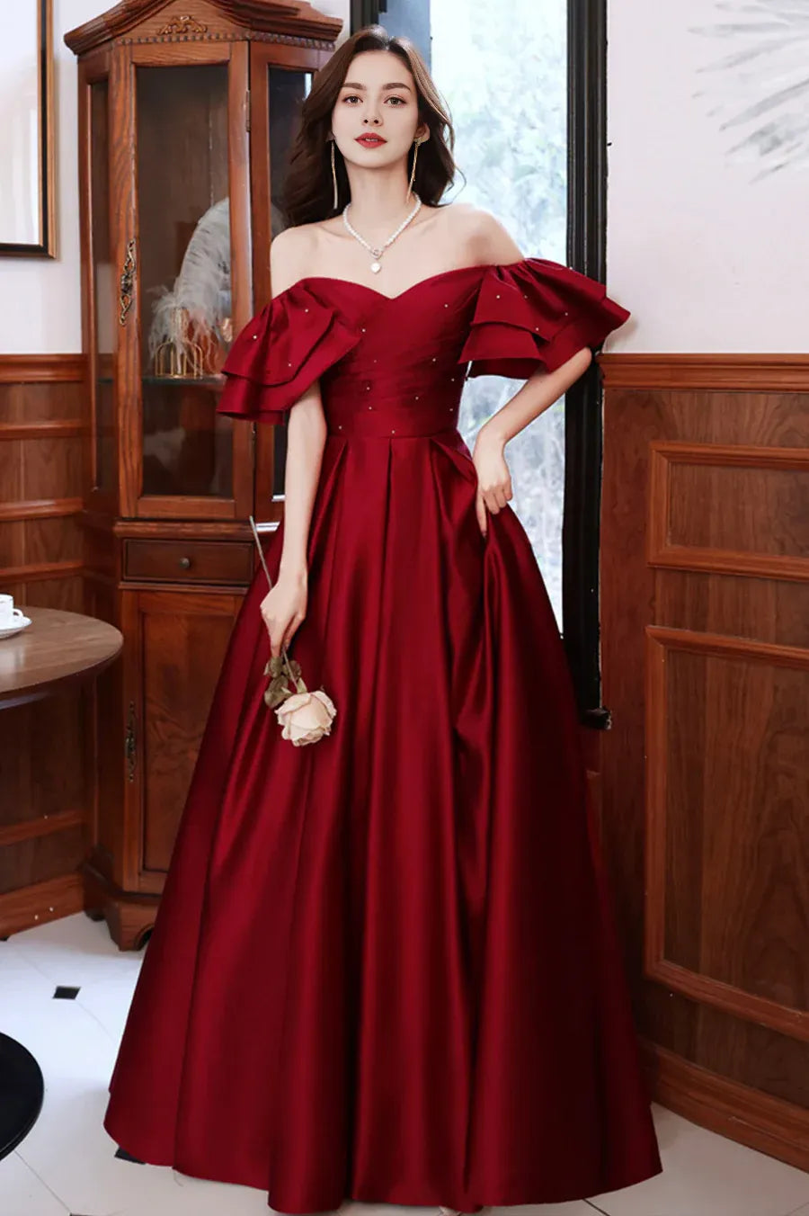 A-Line Off Shoulder Cap Sleeves Beaded Pleated Satin Burgundy Long Prom Dress
