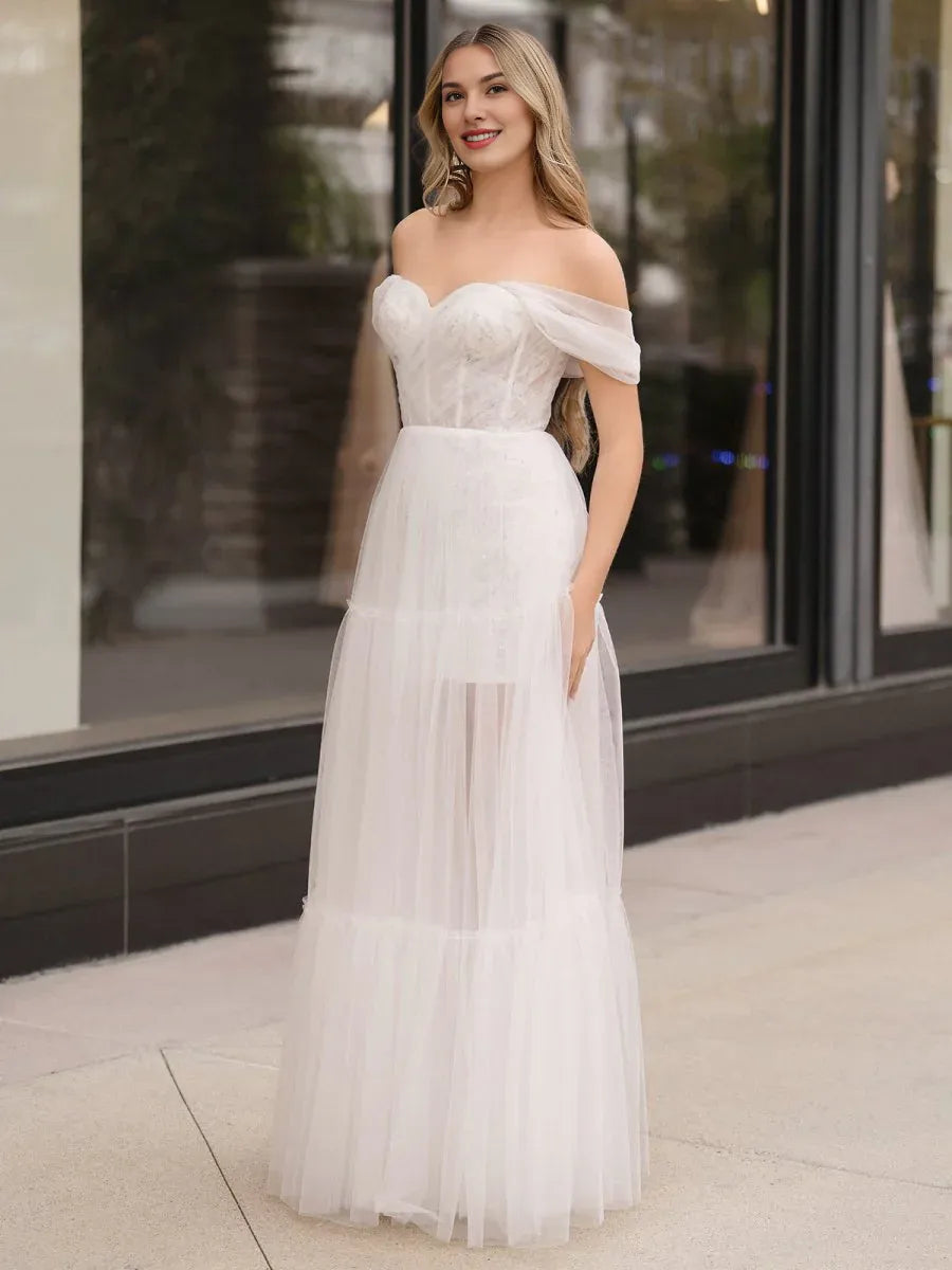 A-Line Off Shoulder Corset Appliques Tulle Ivory Floor Length Prom Dress